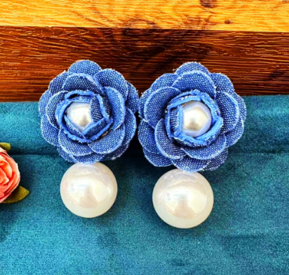 Blue Rosette Denim Earrings