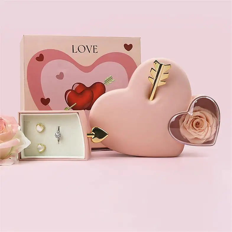 Cupid Heart with Preserved Flower Jewellery Box Gift Box ( Ring or Necklace not Included)