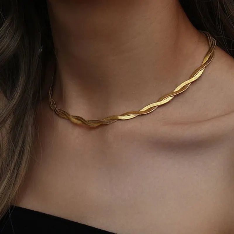 Golden Twist Herringbone Snake Necklace Chain