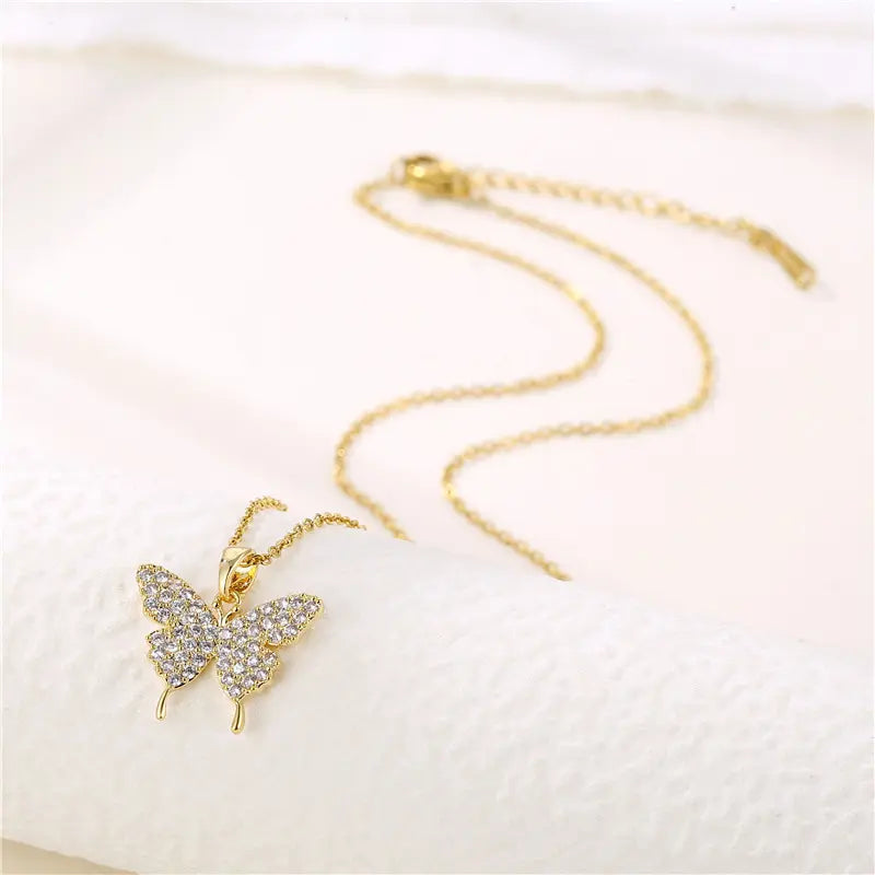 Golden Butterfly Zircon Pendant Necklace