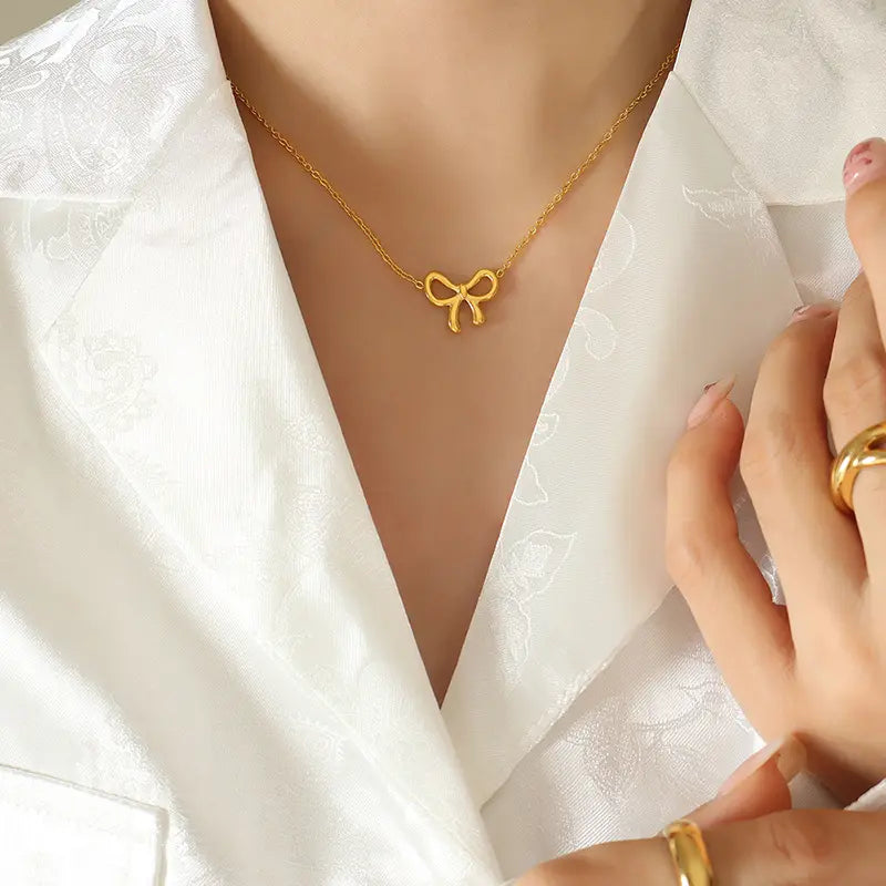 Golden Ribbon Knot Pendant Necklace