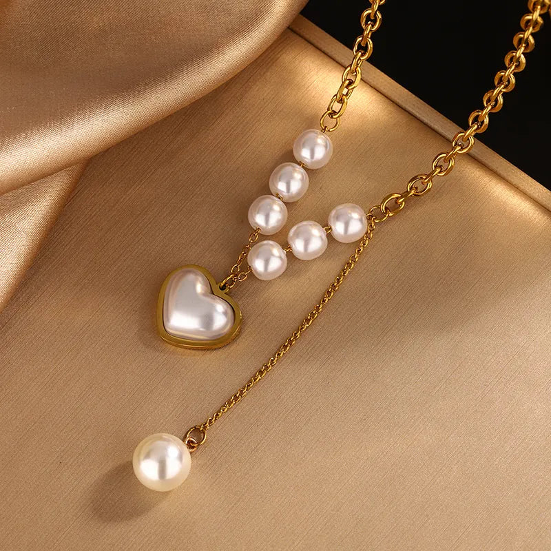 Golden Pearl Heart Pendant Necklace