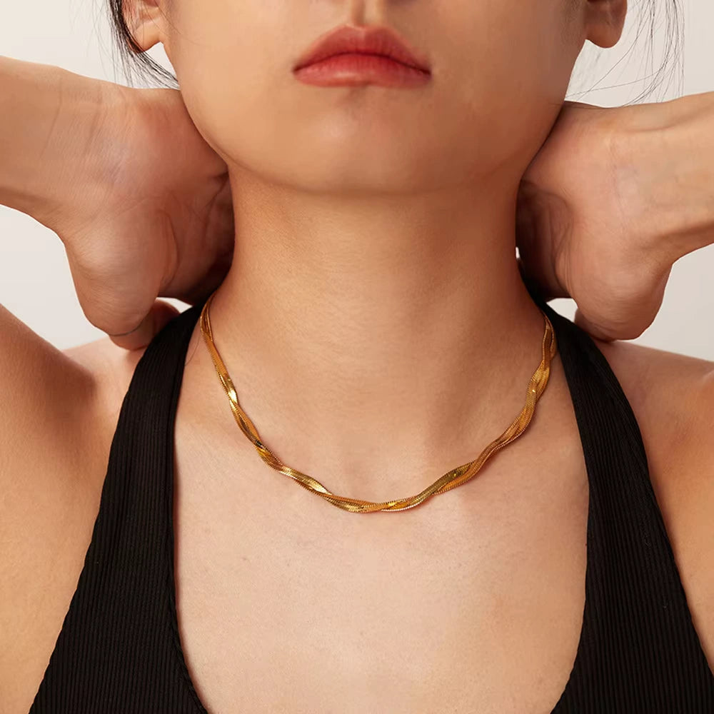 Golden Twist Herringbone Snake Necklace Chain