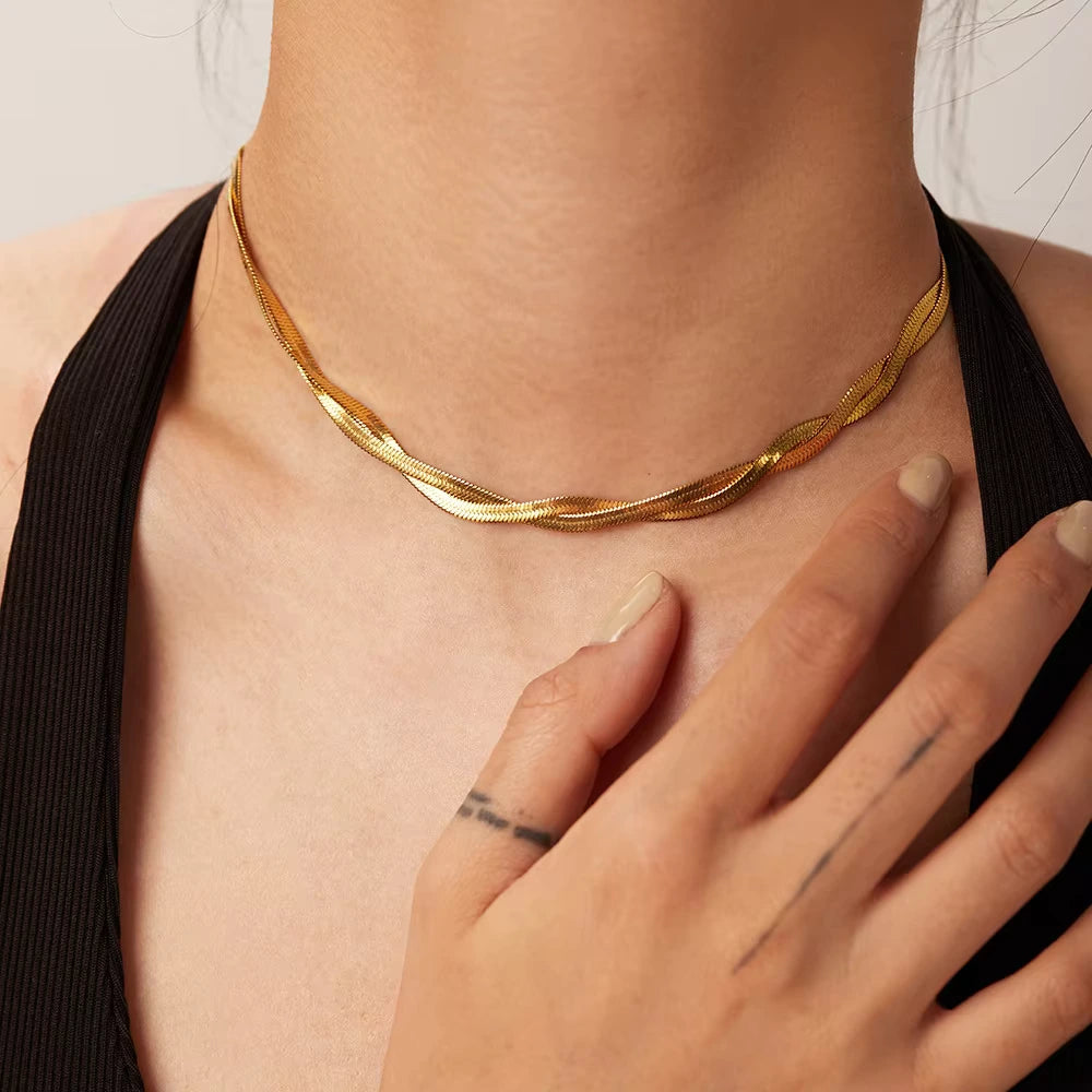 Golden Twist Herringbone Snake Necklace Chain
