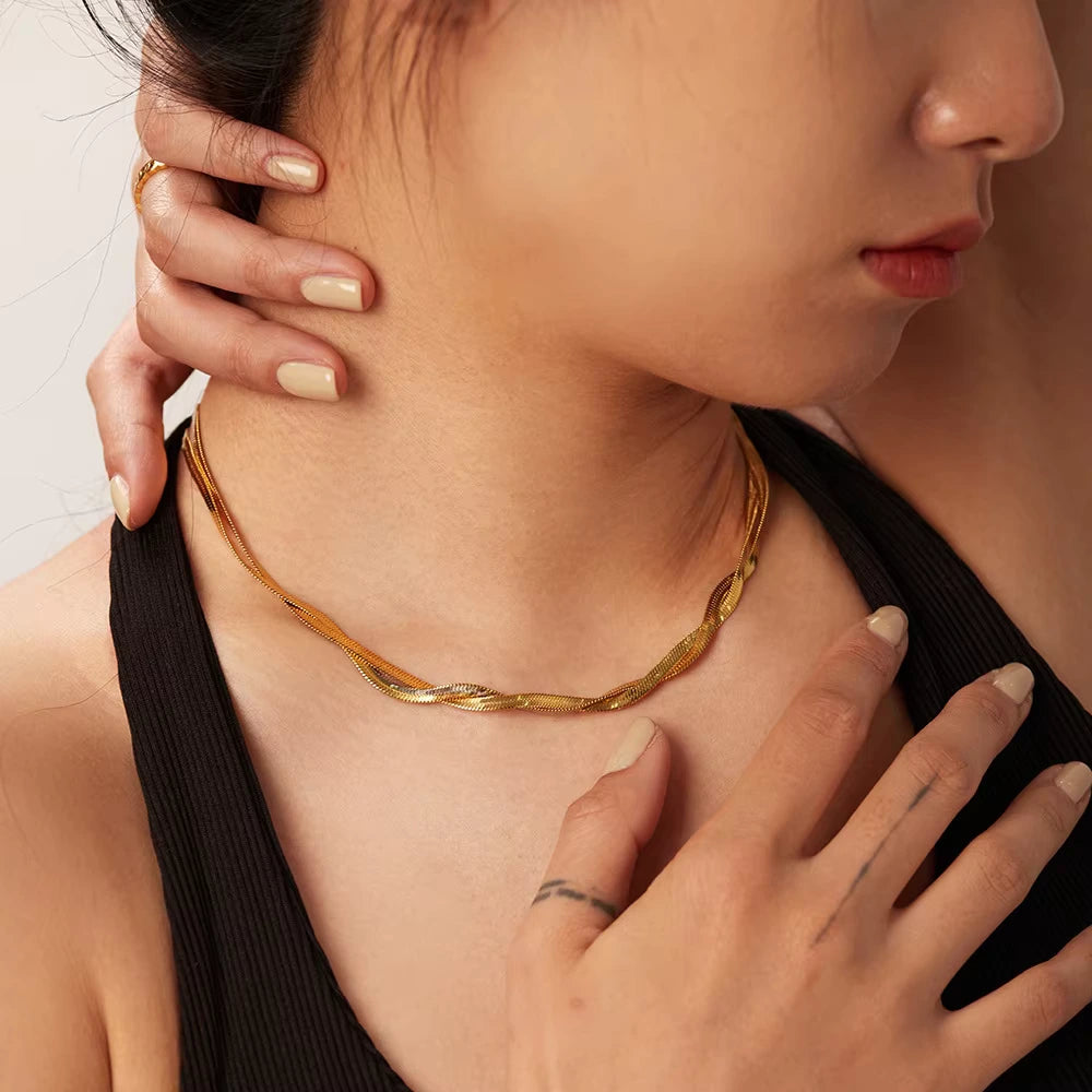 Golden Twist Herringbone Snake Necklace Chain