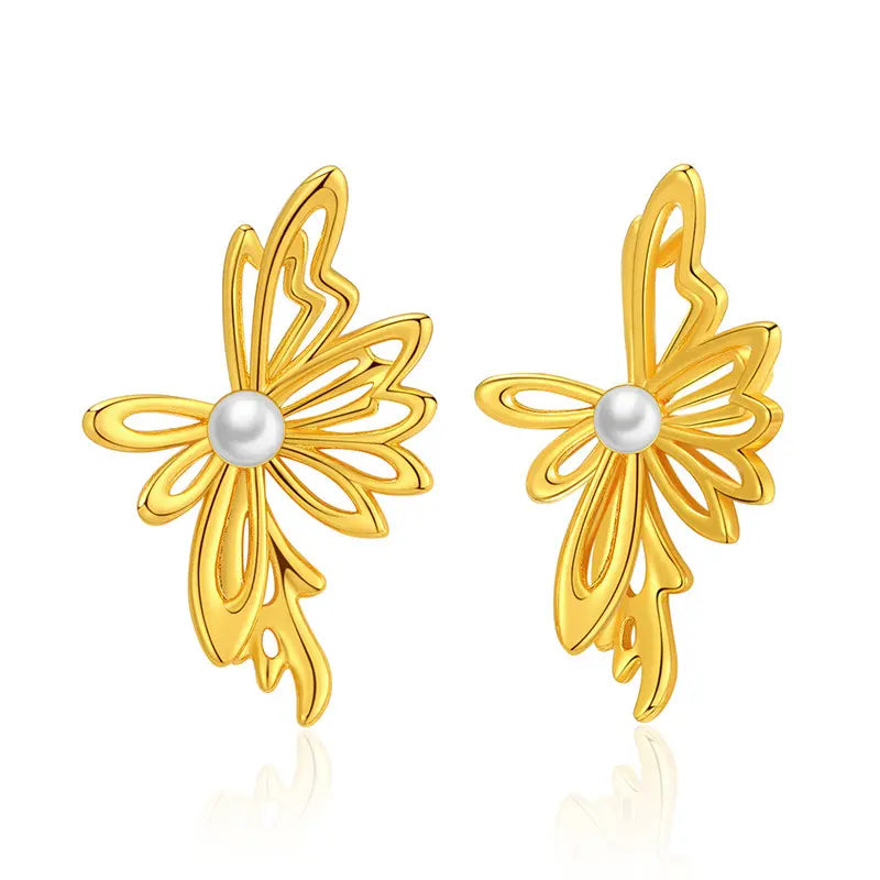 Golden Pearl Butterfly Earrings