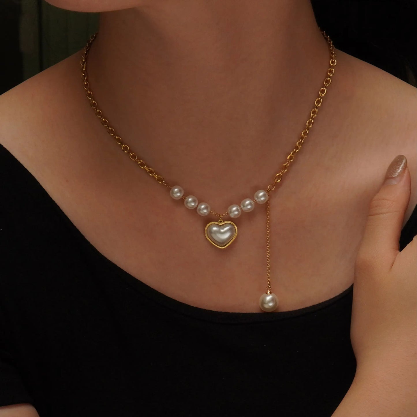Golden Pearl Heart Pendant Necklace