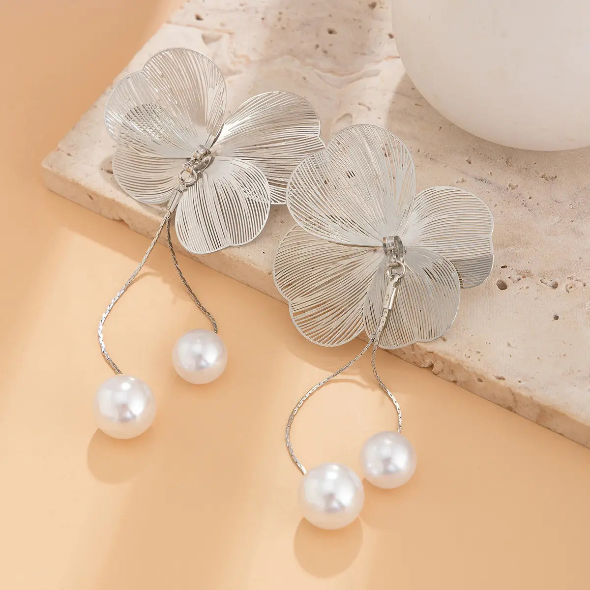 Silver Petal Pearl Earrings