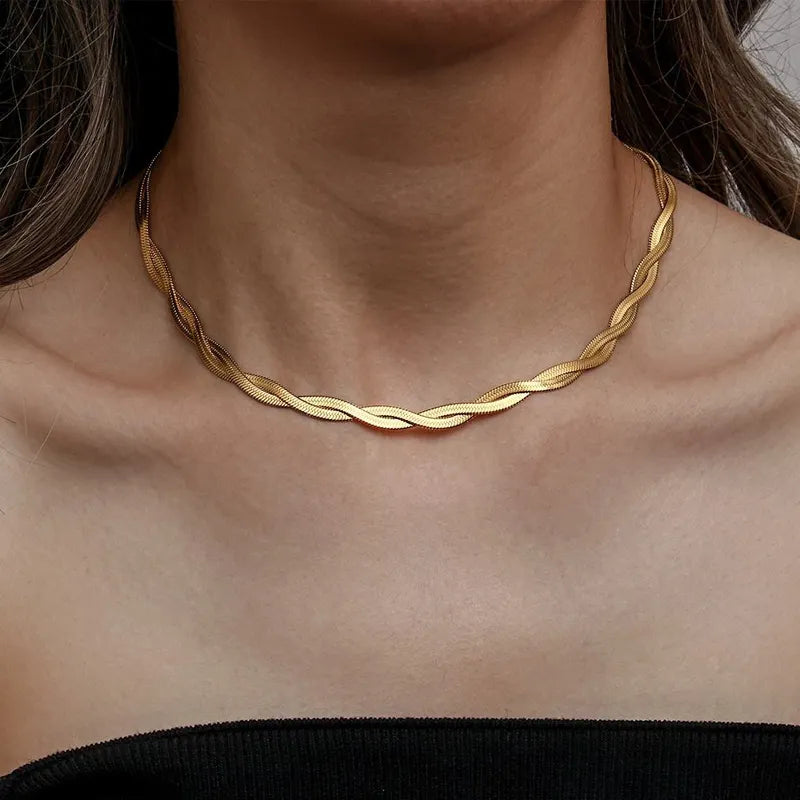 Golden Twist Herringbone Snake Necklace Chain