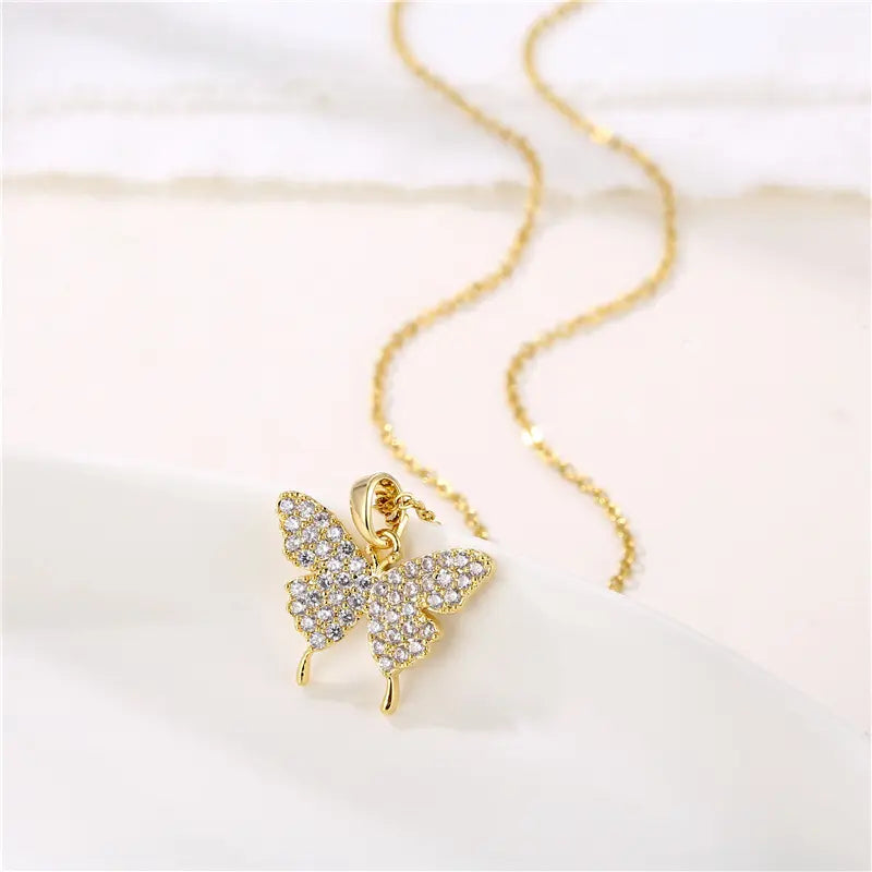 Golden Butterfly Zircon Pendant Necklace