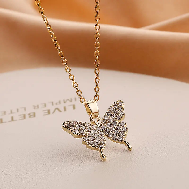 Golden Butterfly Zircon Pendant Necklace