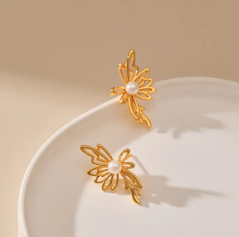 Golden Pearl Butterfly Earrings