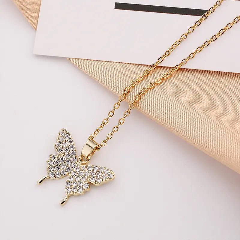 Golden Butterfly Zircon Pendant Necklace