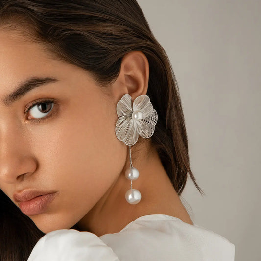 Silver Petal Pearl Earrings