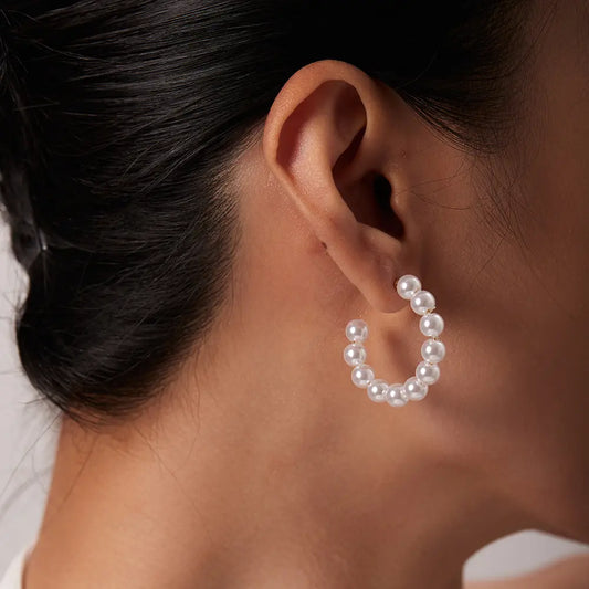 Pearl C-Shaped Hoops Earrings