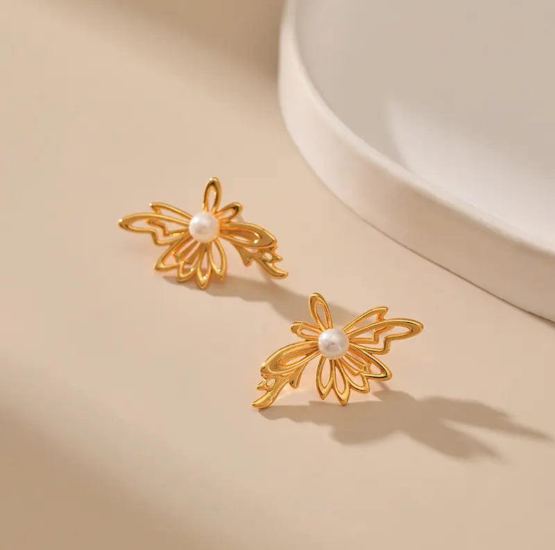 Golden Pearl Butterfly Earrings