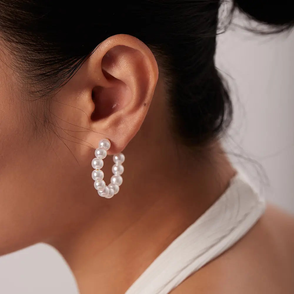 Pearl C-Shaped Hoops Earrings