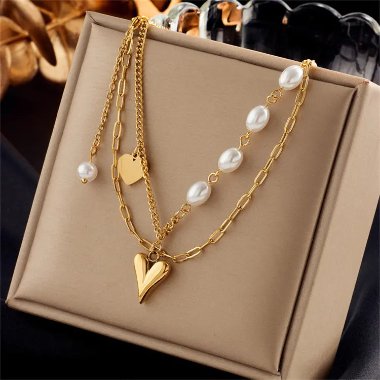 Golden Pearl Heart Necklace