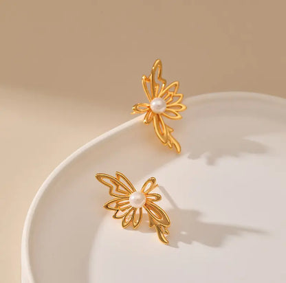 Golden Pearl Butterfly Earrings