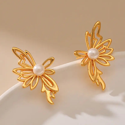 Golden Pearl Butterfly Earrings