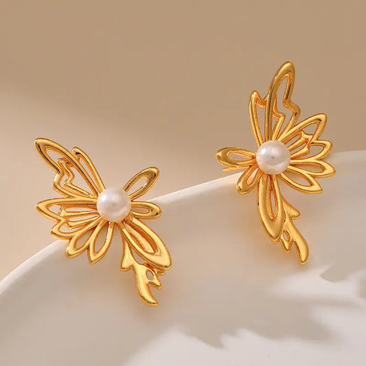 Golden Pearl Butterfly Earrings