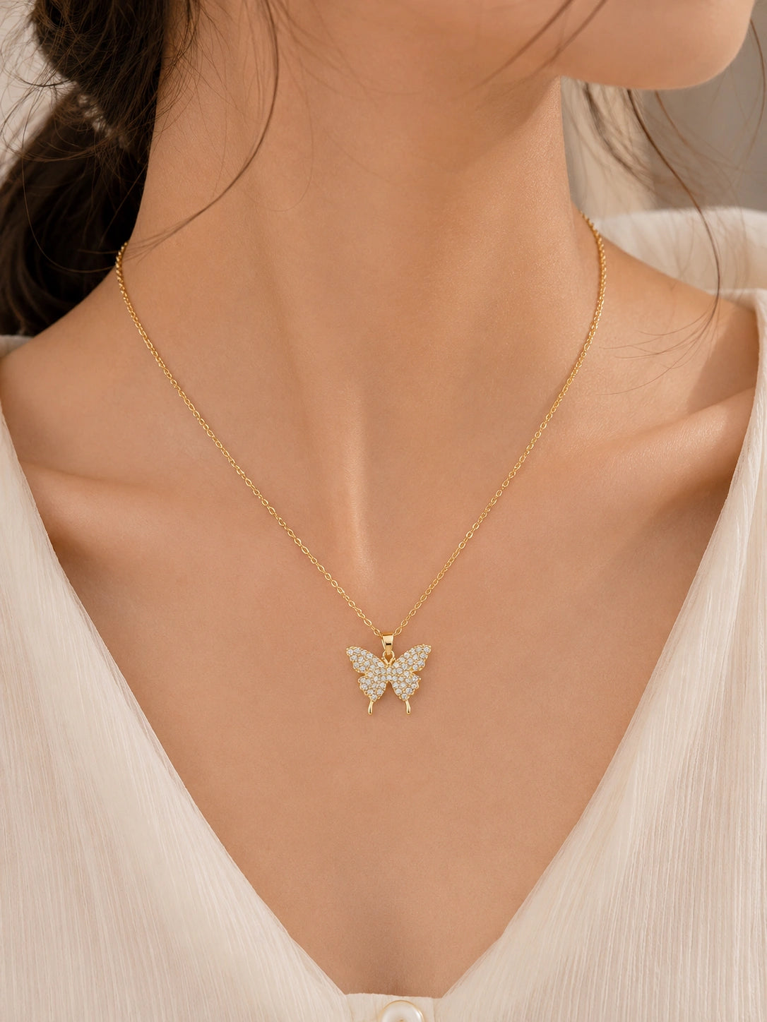 Golden Butterfly Zircon Pendant Necklace